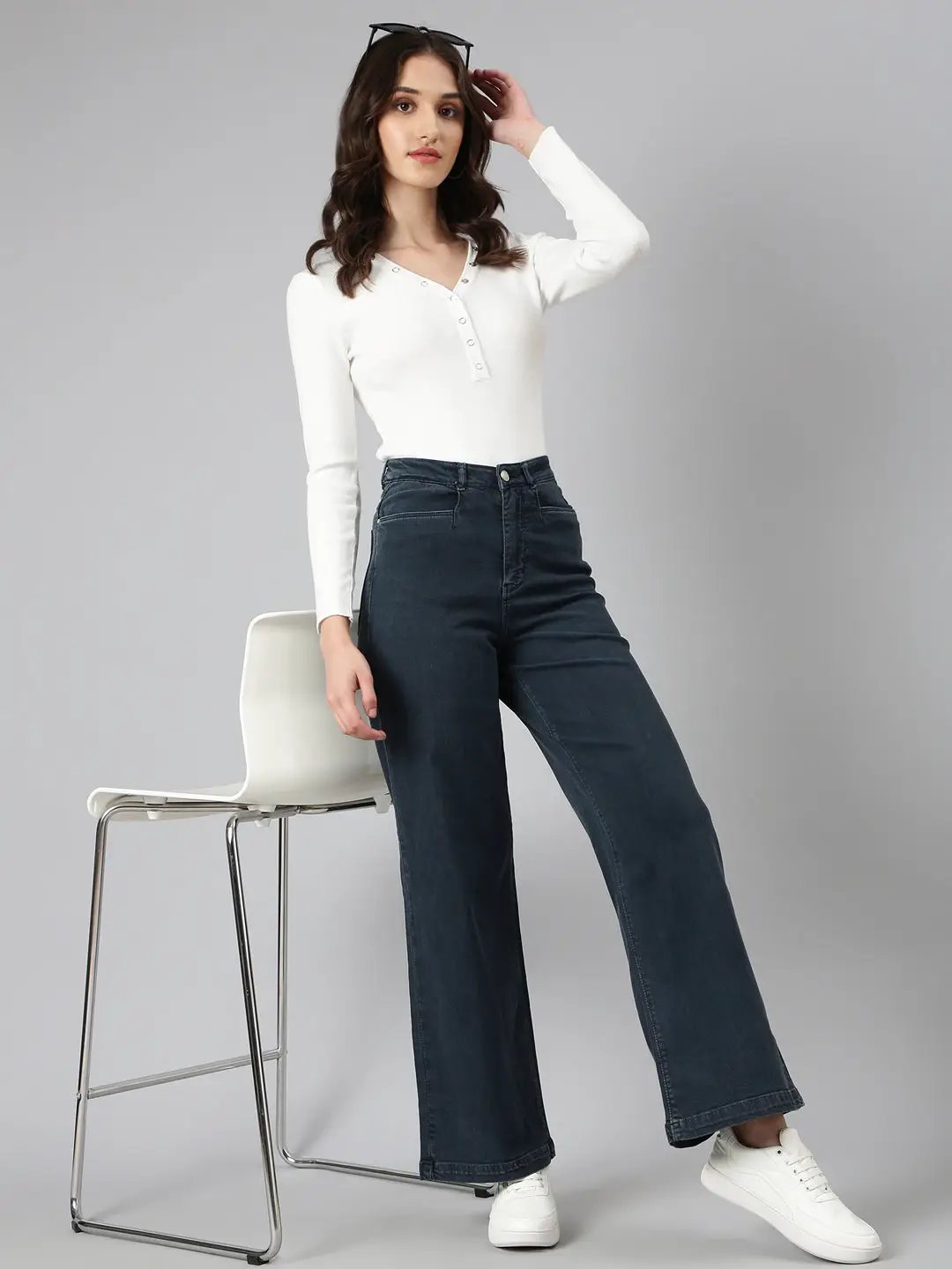 Women's Navy Blue Wide Leg Acid Wash Denim Jeans