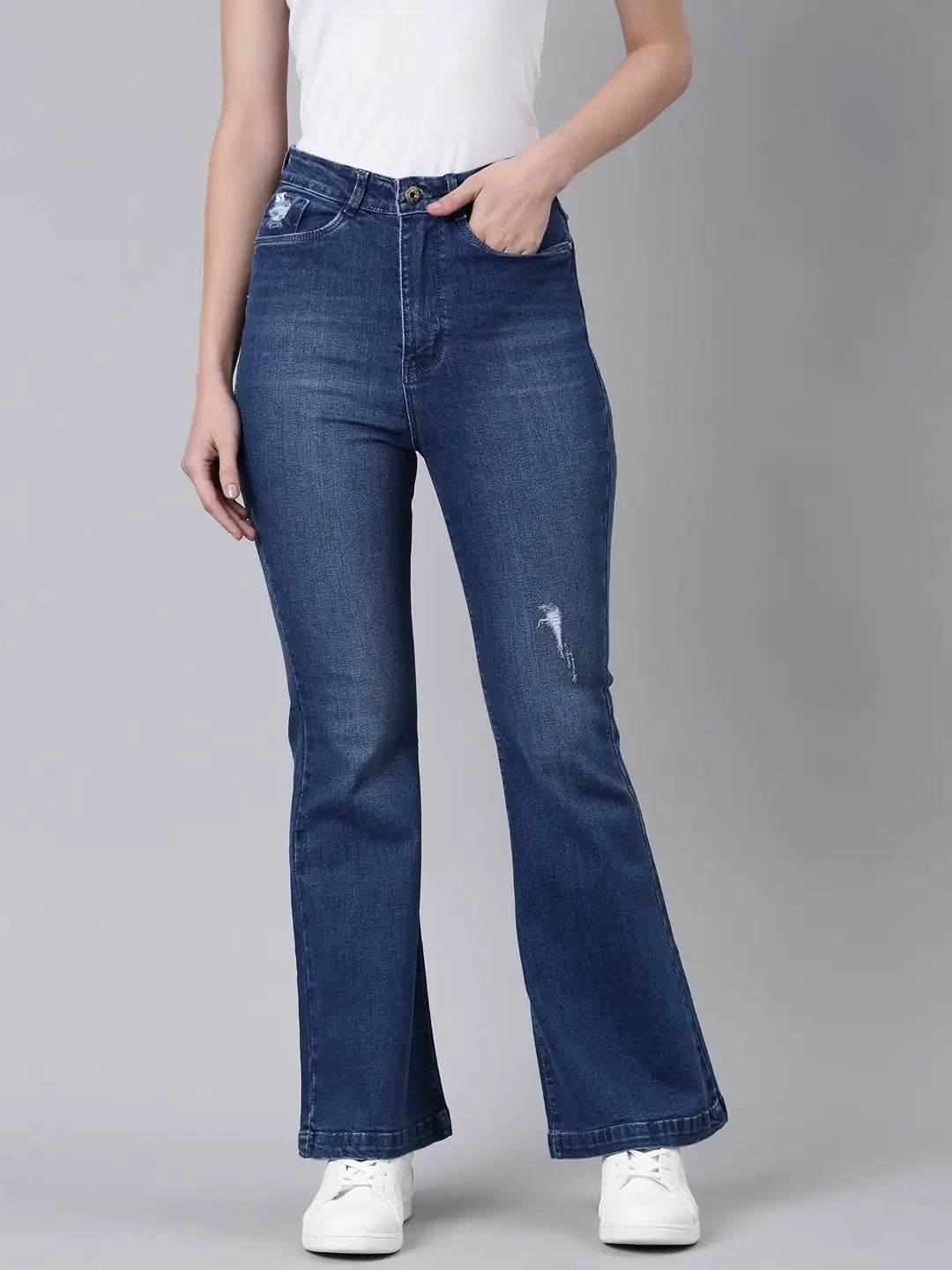 Women's Blue Solid Flared Denim Jeans