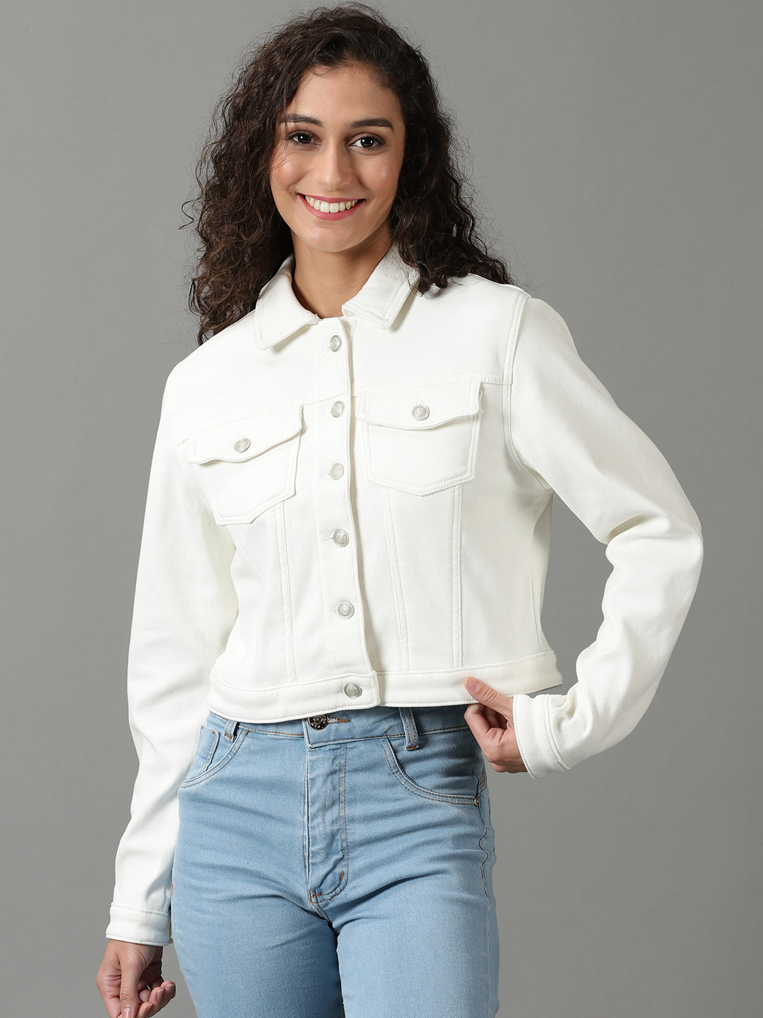 Women's White Solid Denim Jacket