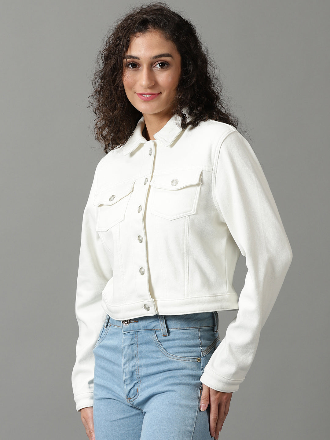 Women's White Solid Denim Jacket