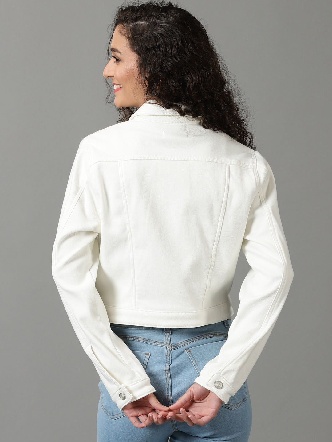 Women's White Solid Denim Jacket