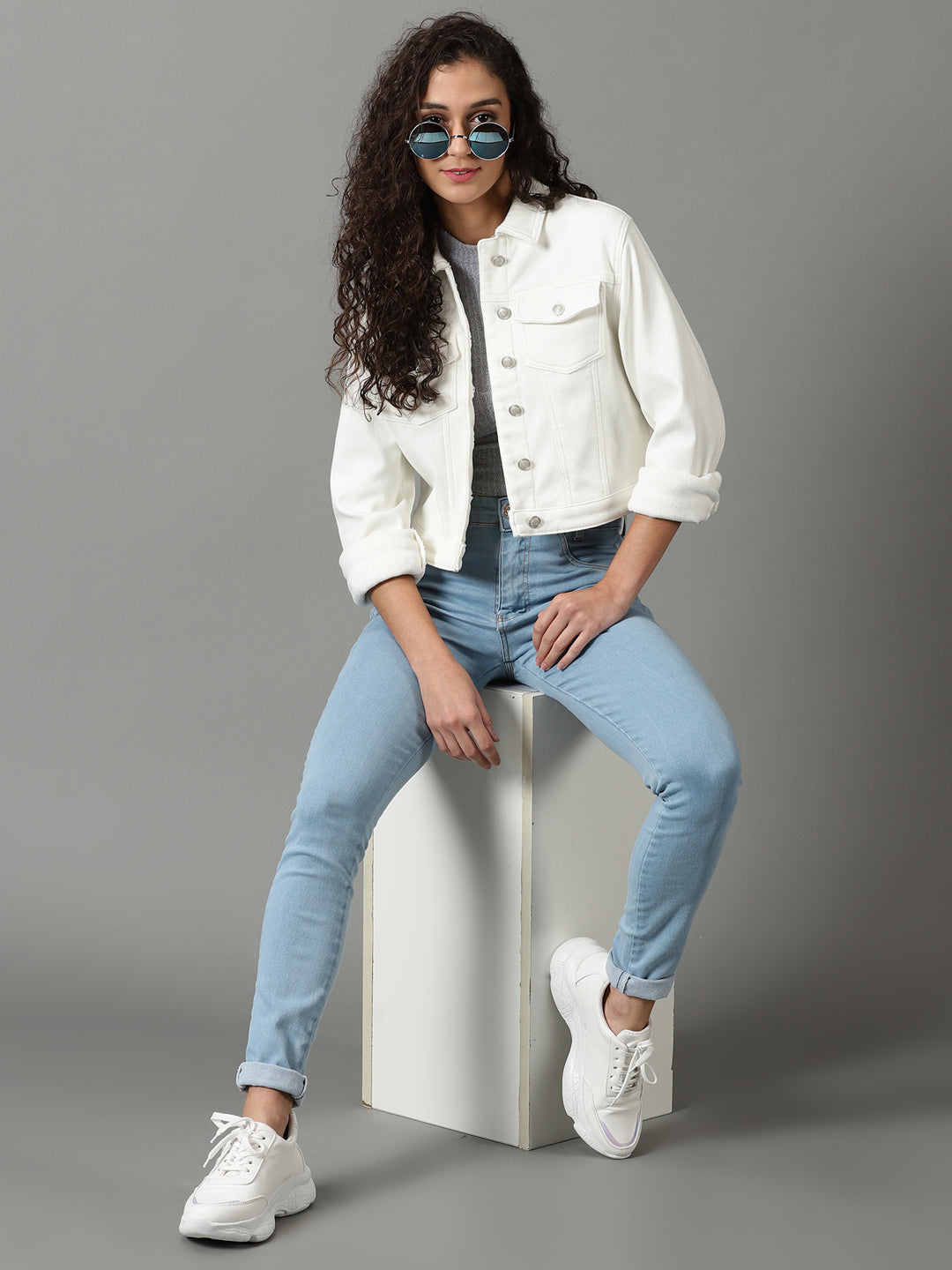 Women's White Solid Denim Jacket