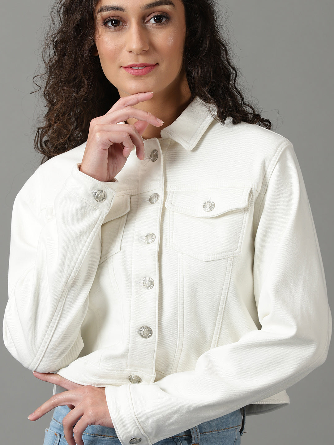 Women's White Solid Denim Jacket