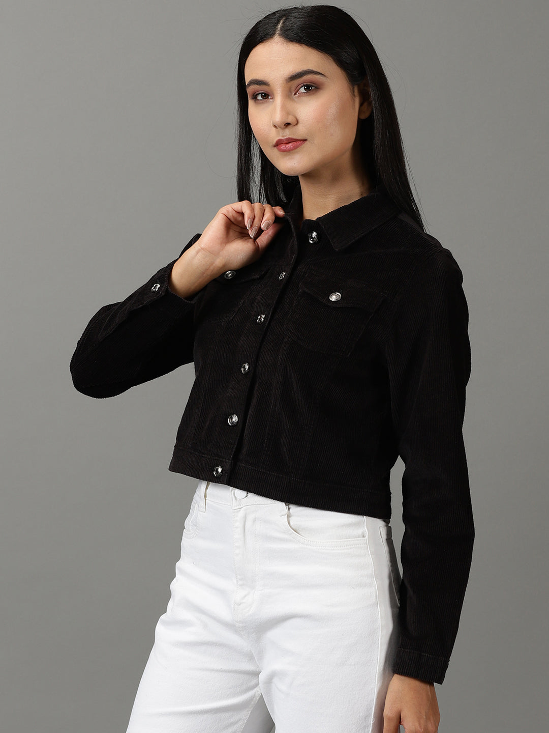 Women's Black Solid Open Front Jacket