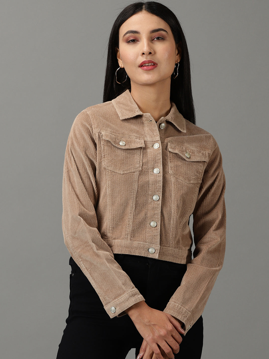 Women's Khaki Solid Open Front Jacket