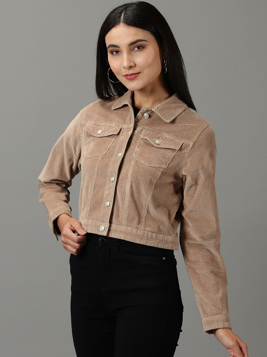 Women's Khaki Solid Open Front Jacket