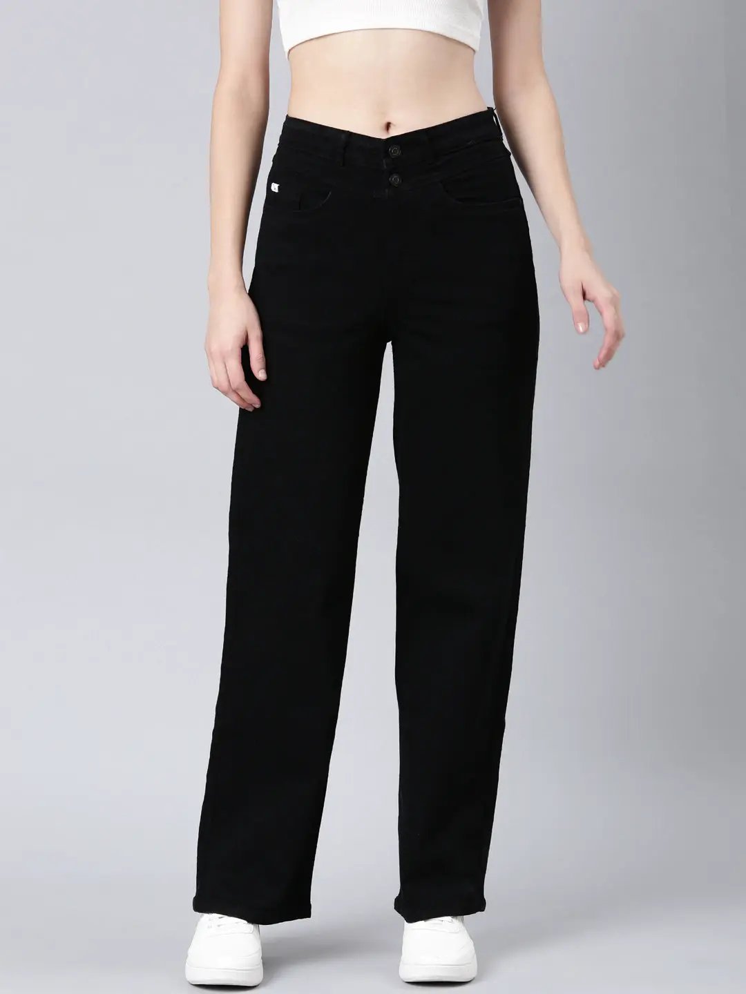Women's Black Wide Leg Mid-Rise Stretchable Denim Jeans