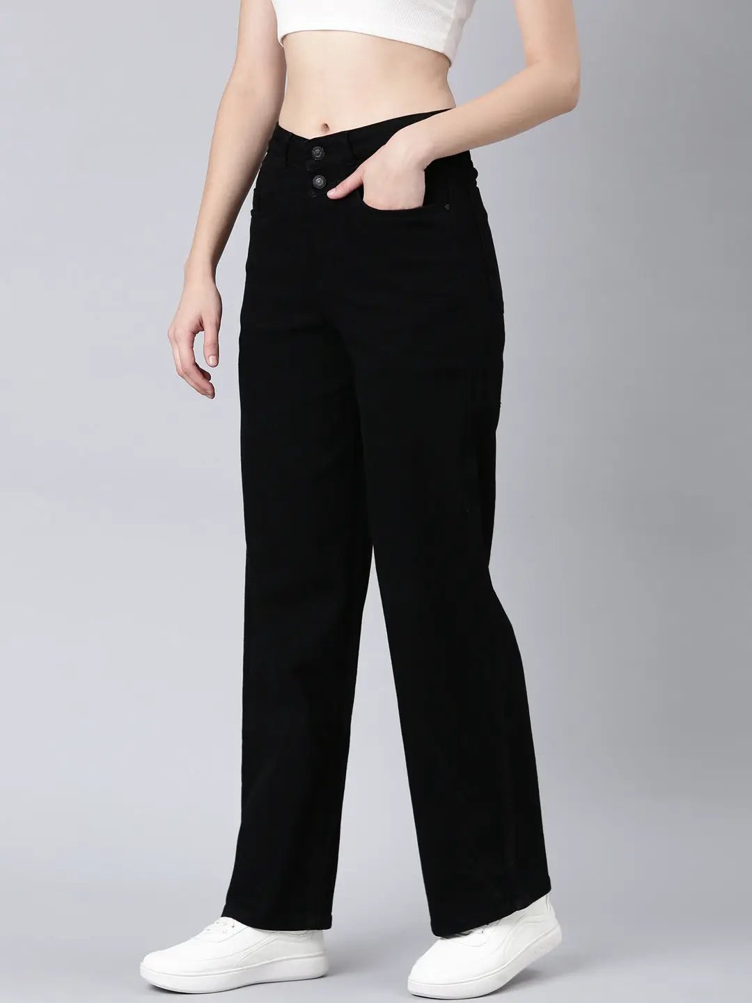 Women's Black Wide Leg Mid-Rise Stretchable Denim Jeans