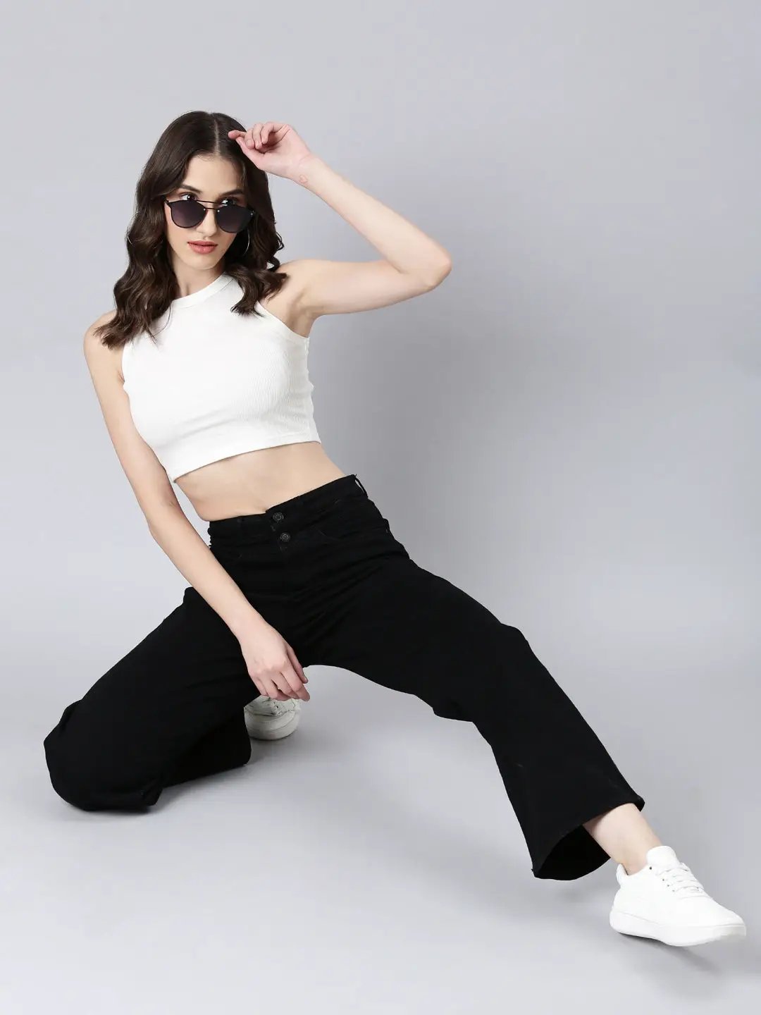 Women's Black Wide Leg Mid-Rise Stretchable Denim Jeans
