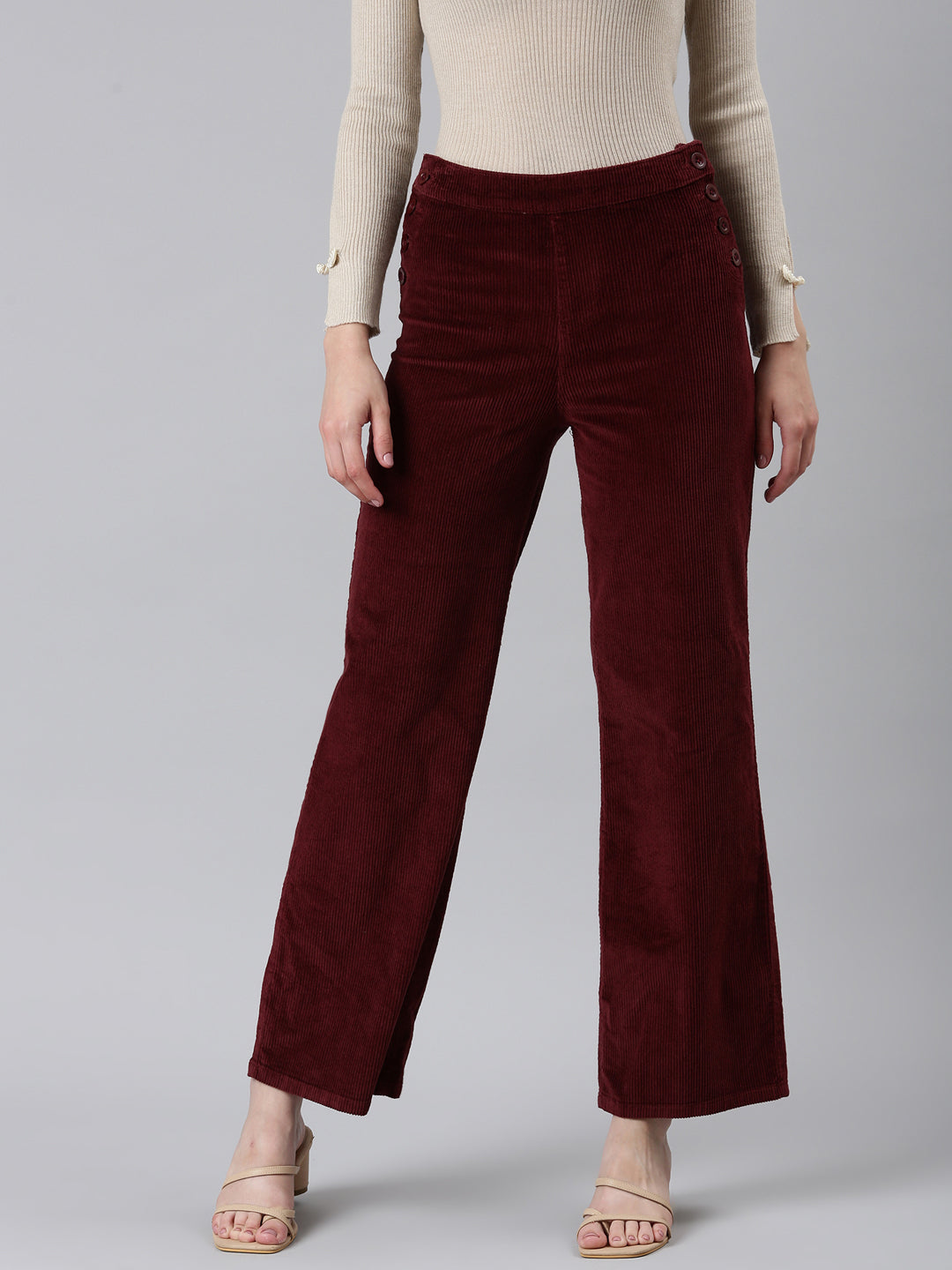 Women Burgundy Solid Parallel Trouser