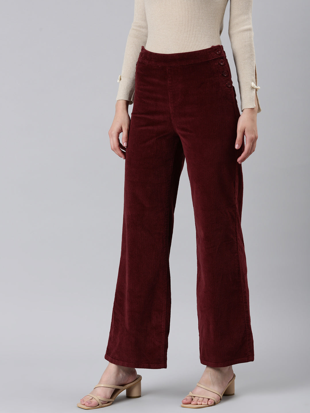 Women Burgundy Solid Parallel Trouser