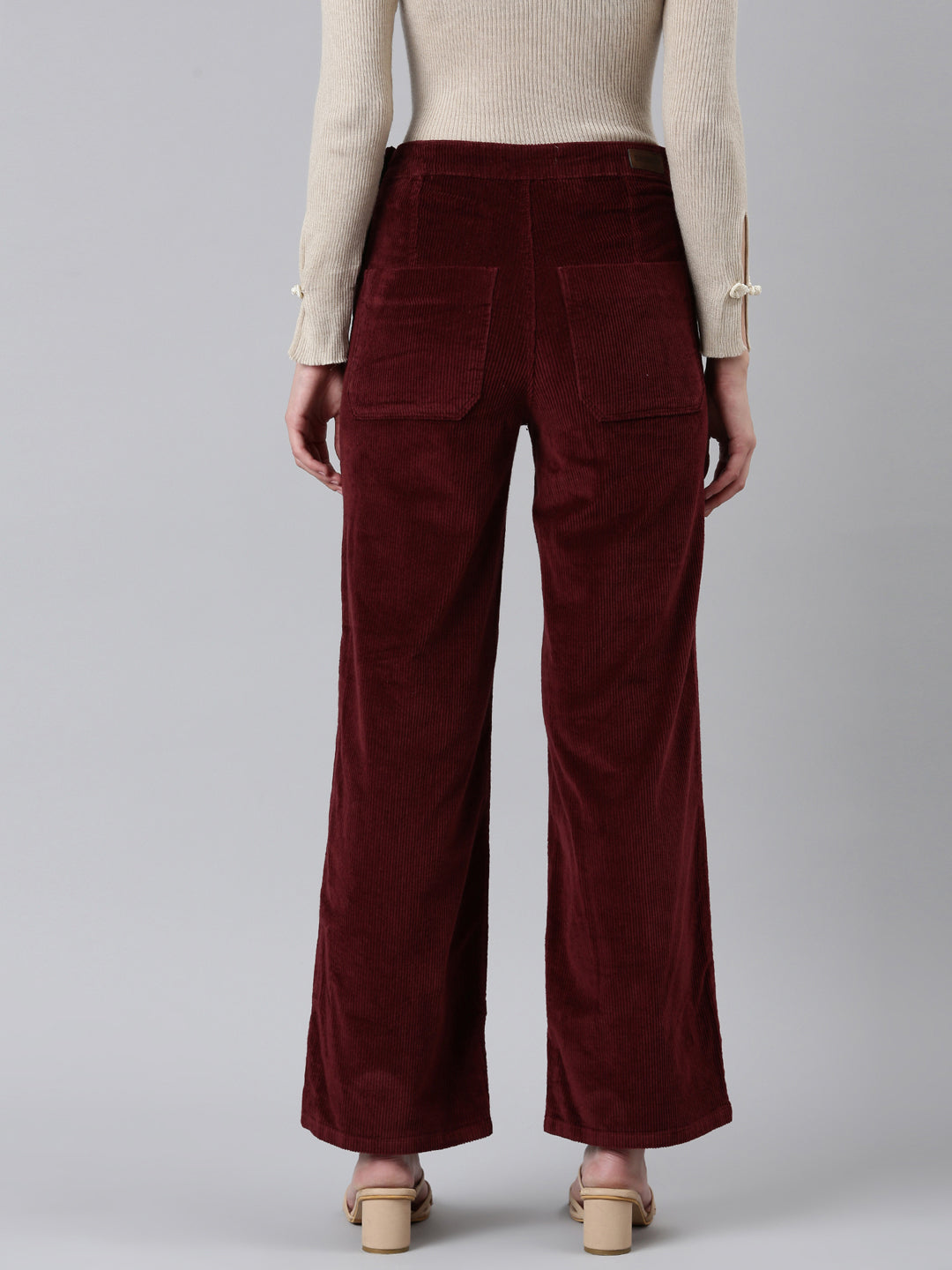 Women Burgundy Solid Parallel Trouser