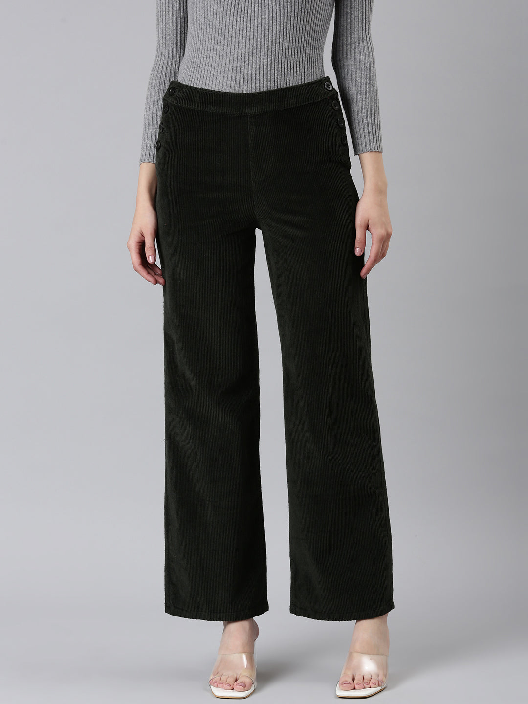 Women Olive Solid Parallel Trouser