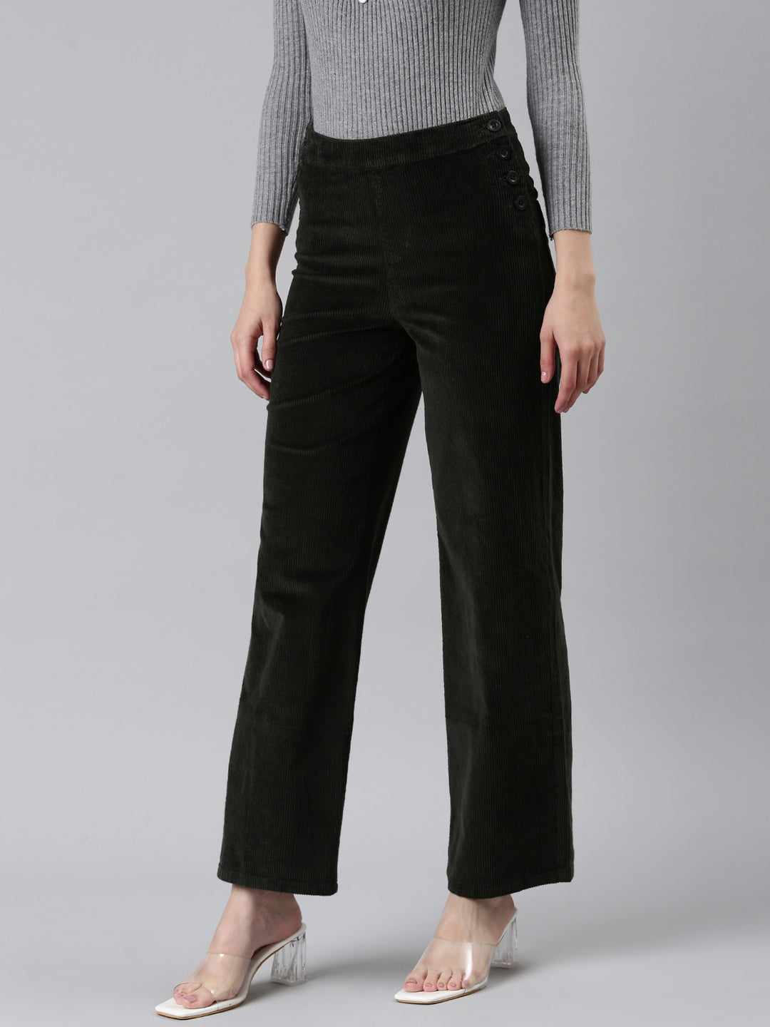 Women Olive Solid Parallel Trouser