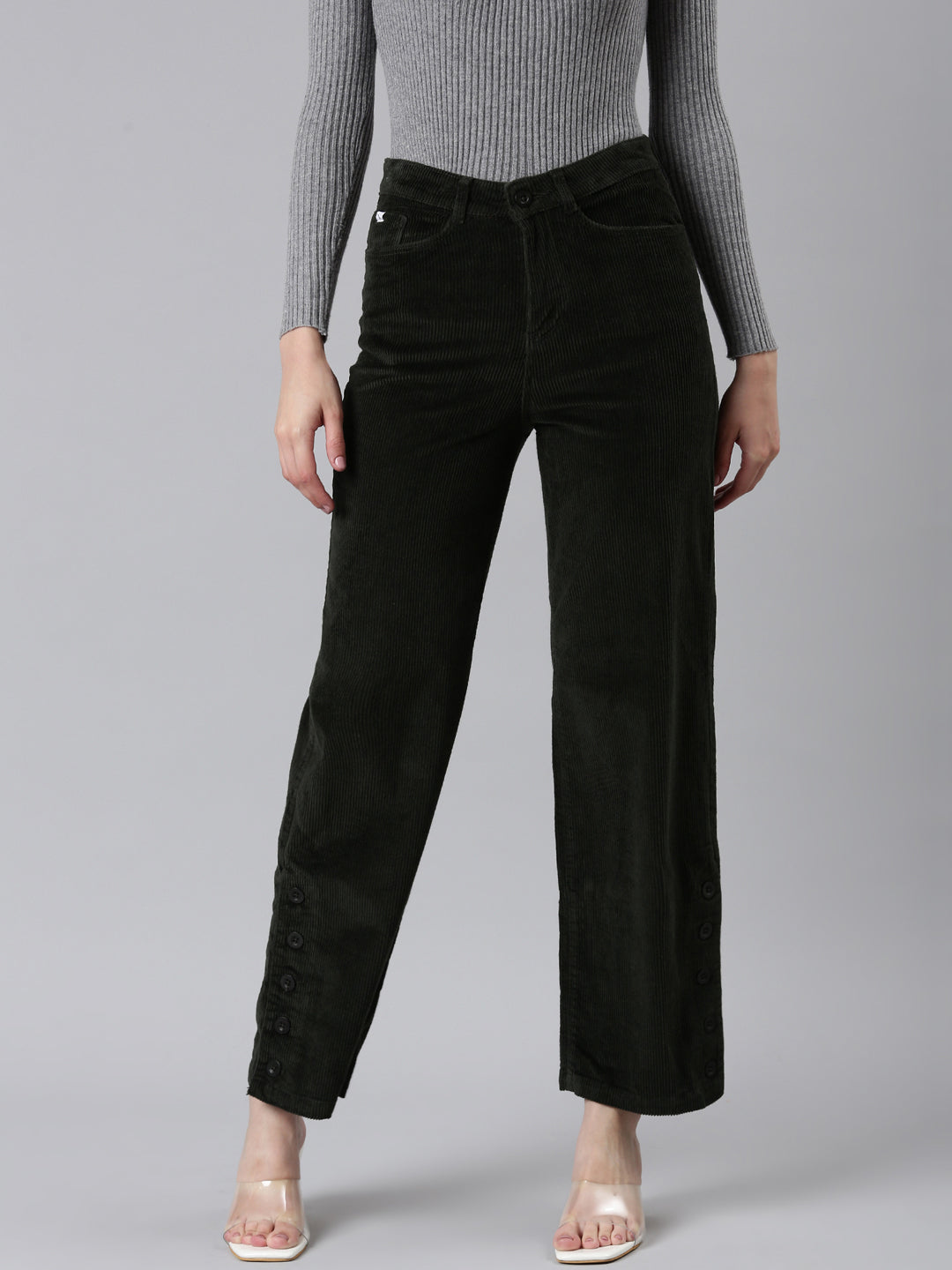 Women Olive Solid Parallel Trouser