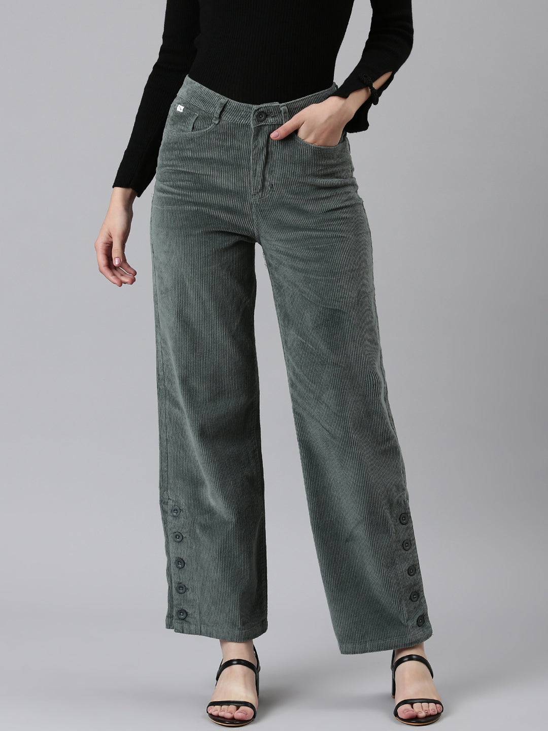 Women Sea Green Solid Parallel Trouser