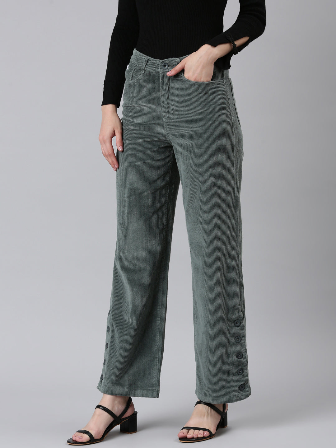 Women Sea Green Solid Parallel Trouser