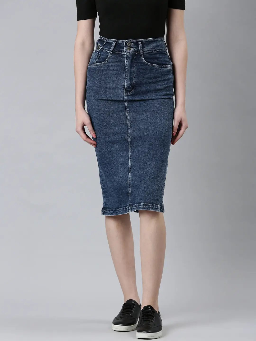 Women's Blue Solid Pencil Skirt