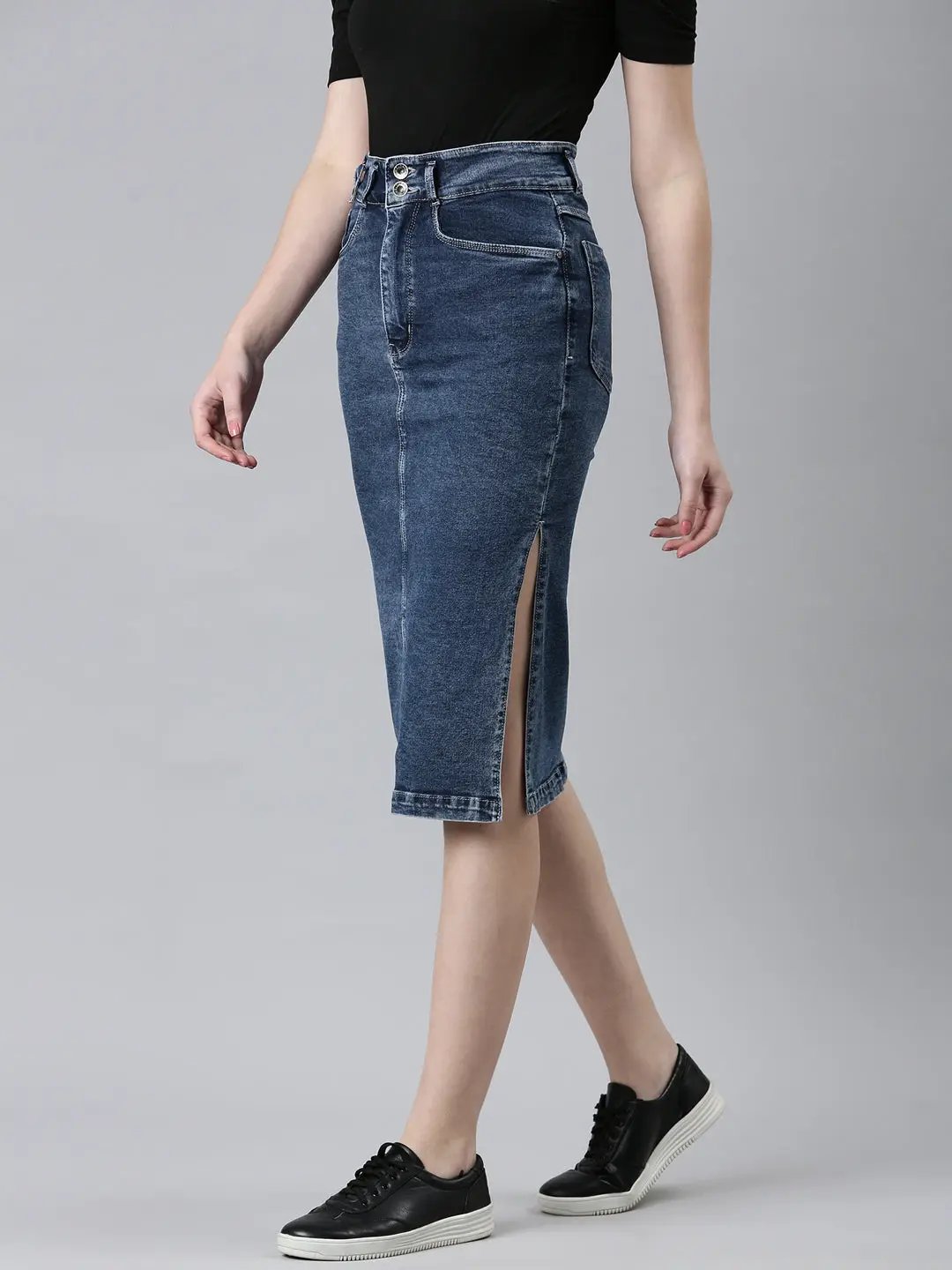 Women's Blue Solid Pencil Skirt