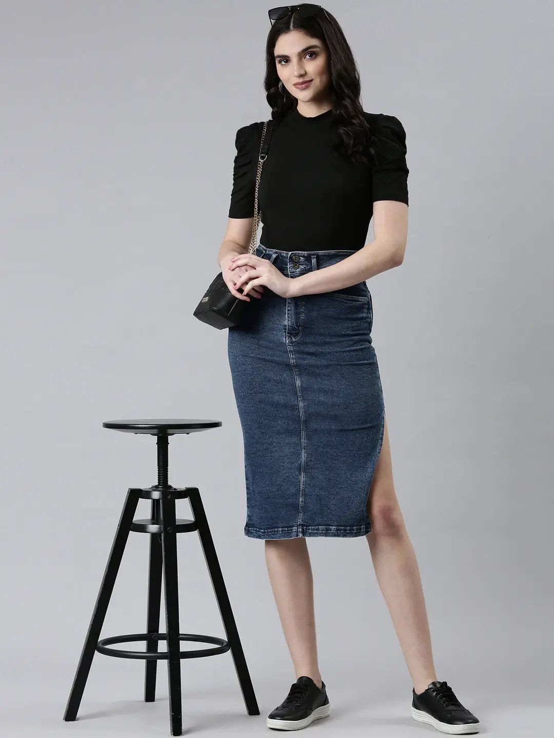 Women's Blue Solid Pencil Skirt