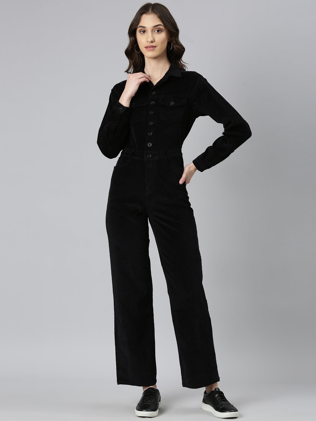 Women's Black Shirt Collar Cotton Basic Jumpsuit