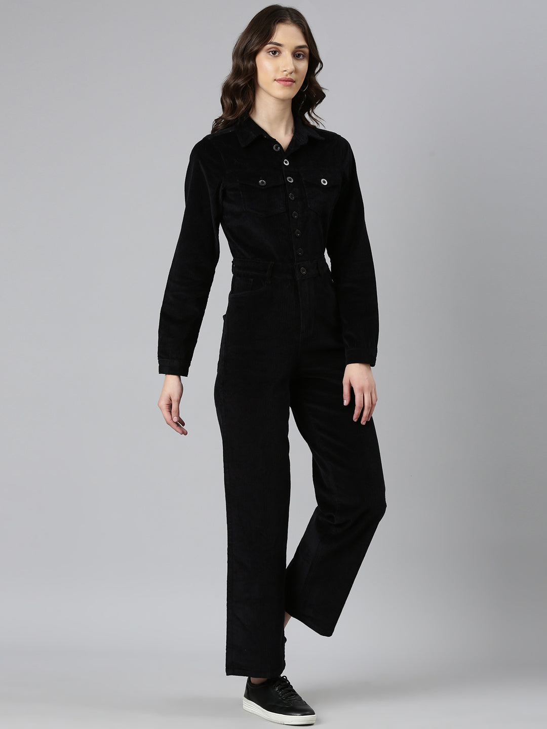 Women's Black Shirt Collar Cotton Basic Jumpsuit
