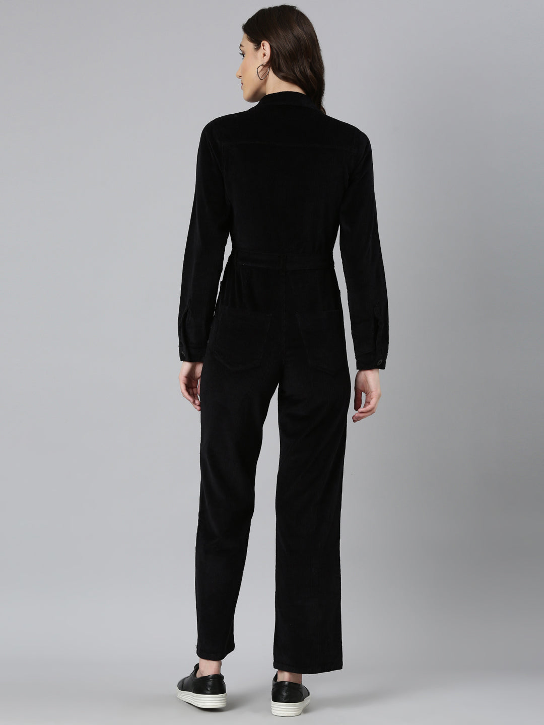Women's Black Shirt Collar Cotton Basic Jumpsuit
