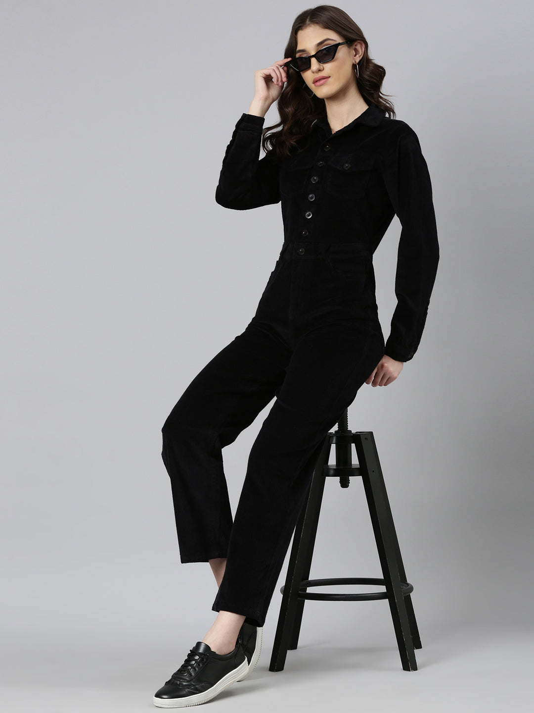 Women's Black Shirt Collar Cotton Basic Jumpsuit