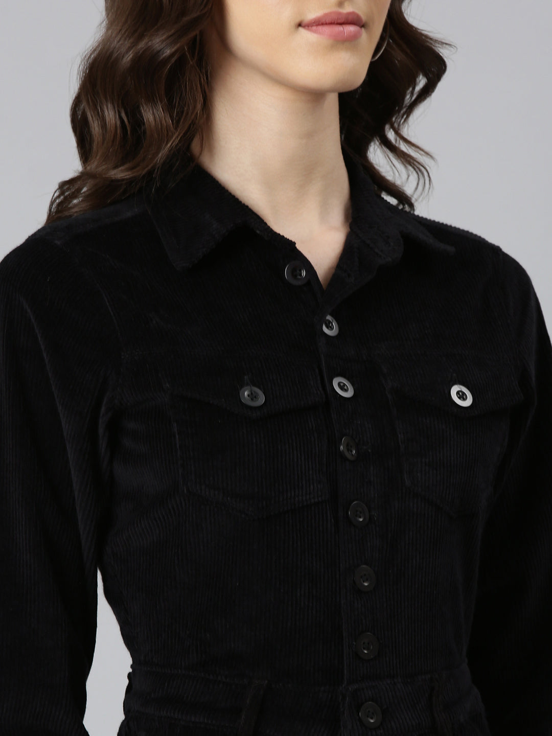 Women's Black Shirt Collar Cotton Basic Jumpsuit