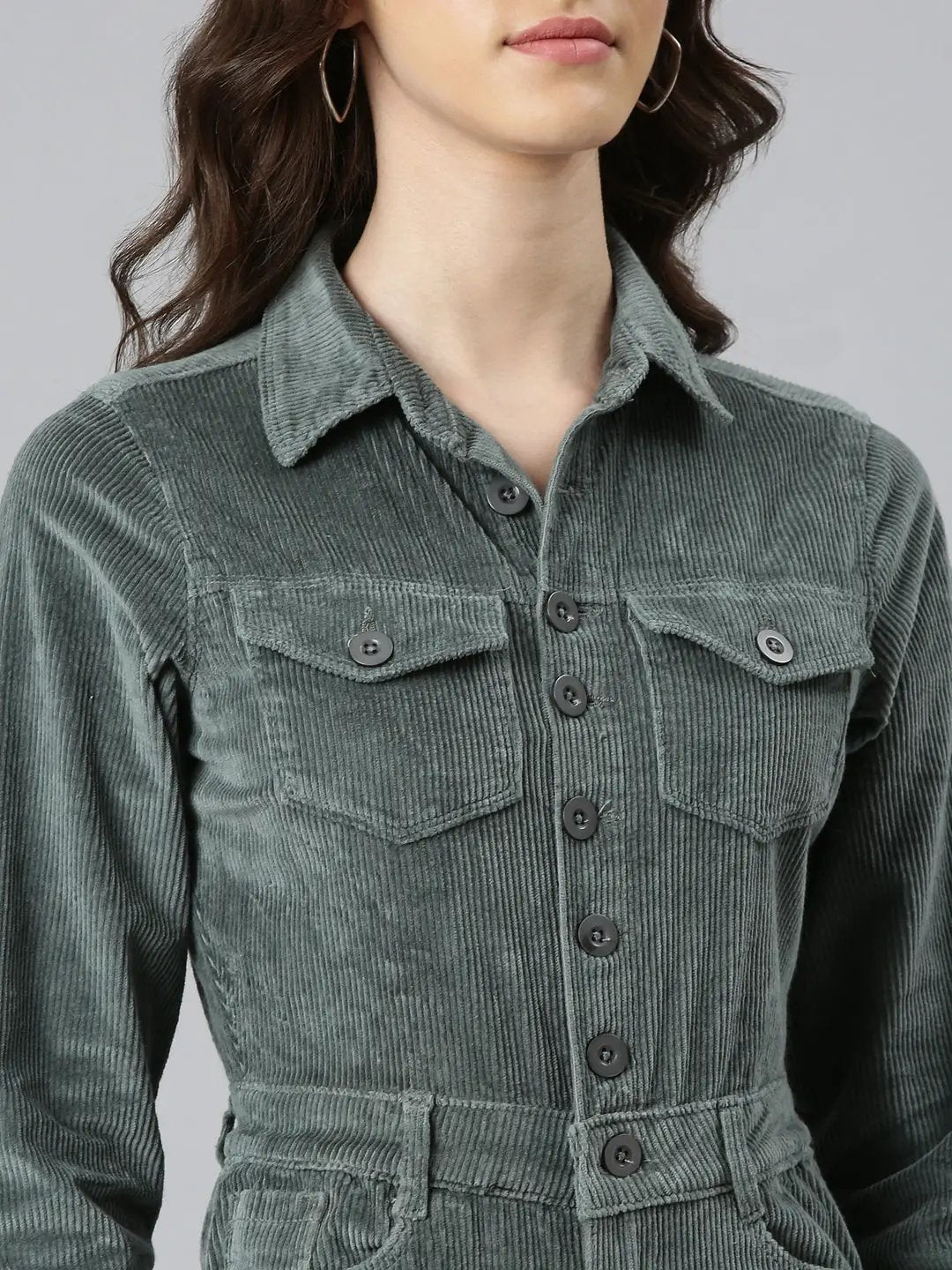 Women's Green Shirt Collar Cotton Basic Jumpsuit