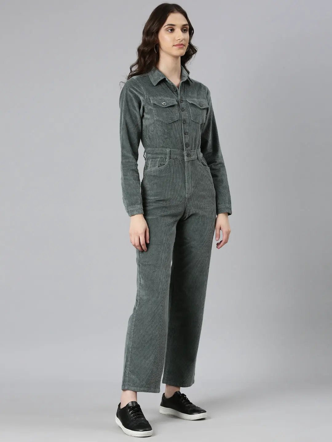 Women's Green Shirt Collar Cotton Basic Jumpsuit