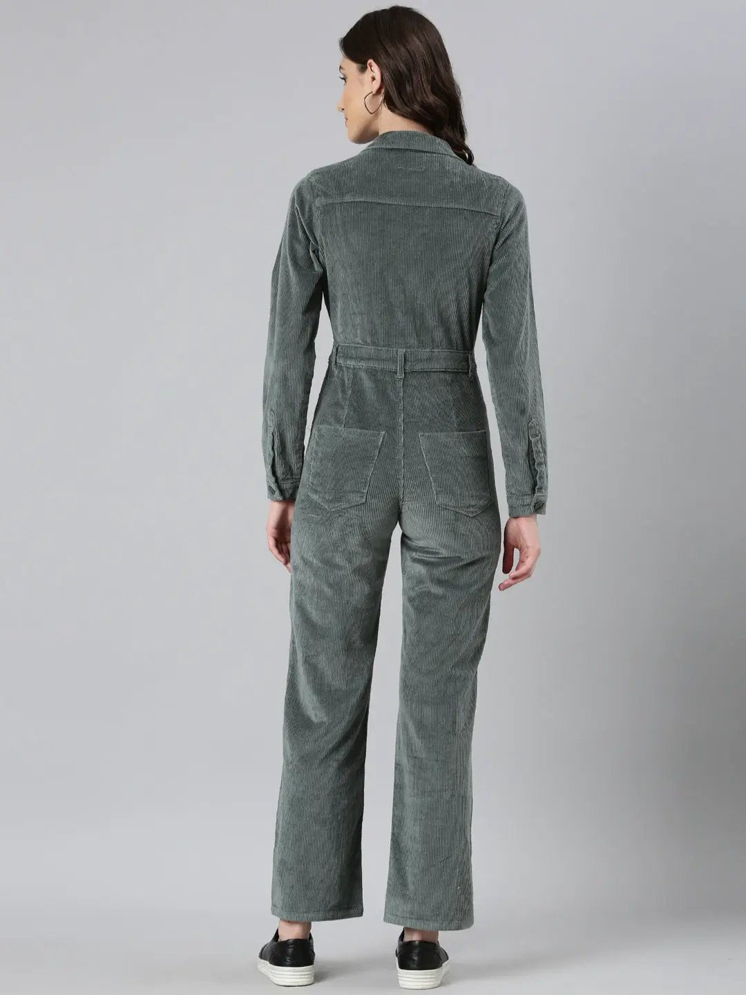 Women's Green Shirt Collar Cotton Basic Jumpsuit