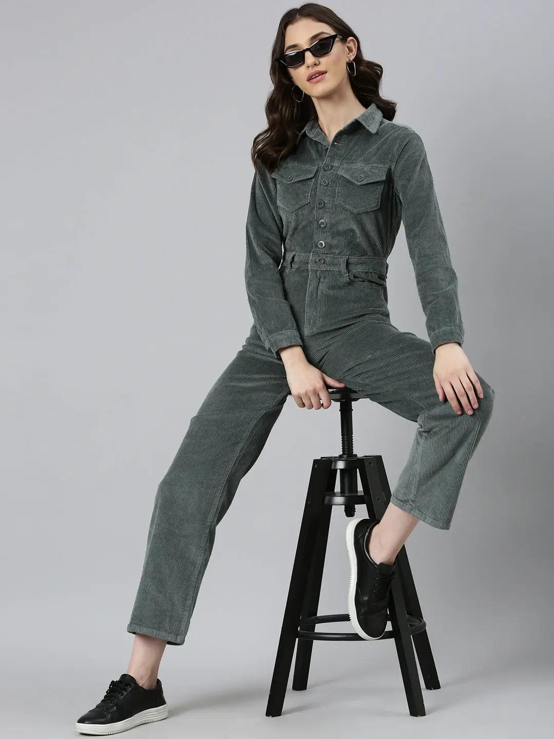 Women's Green Shirt Collar Cotton Basic Jumpsuit