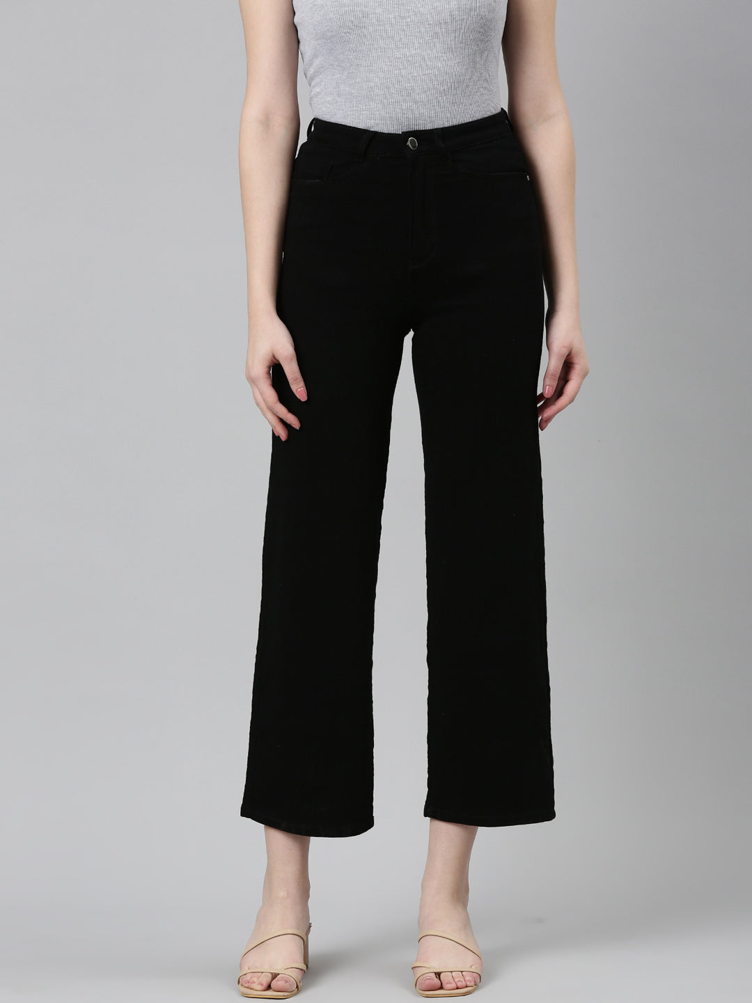 Women Black Solid Wide Leg Denim Jeans