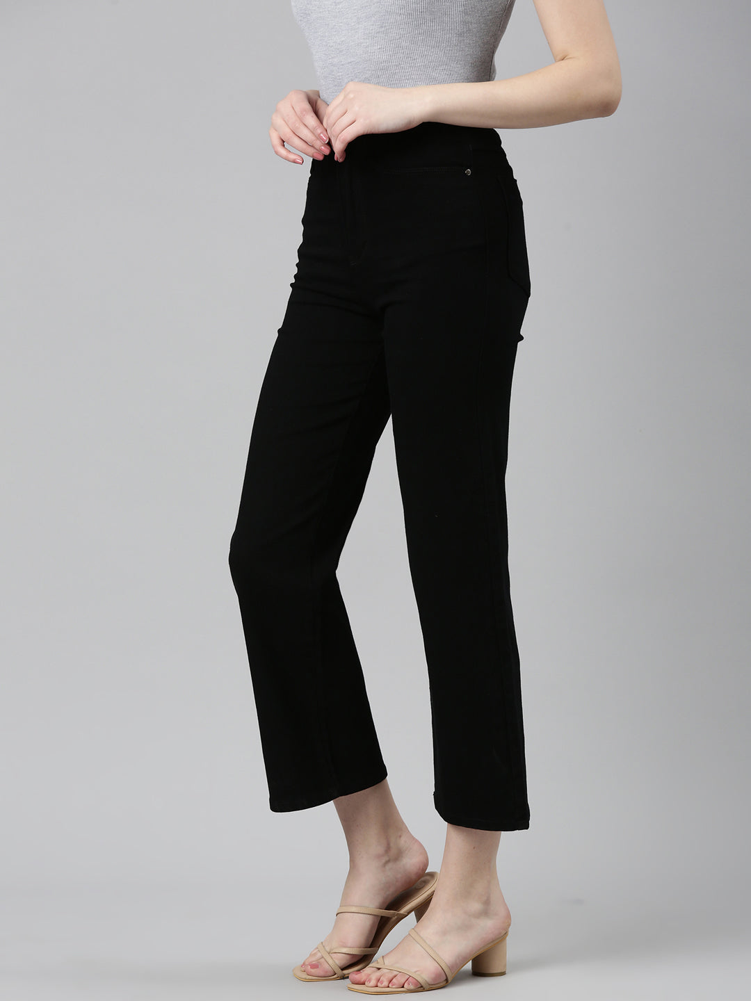 Women Black Solid Wide Leg Denim Jeans