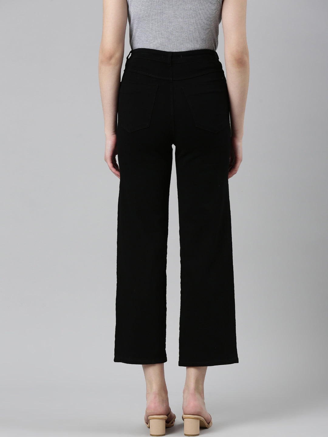 Women Black Solid Wide Leg Denim Jeans