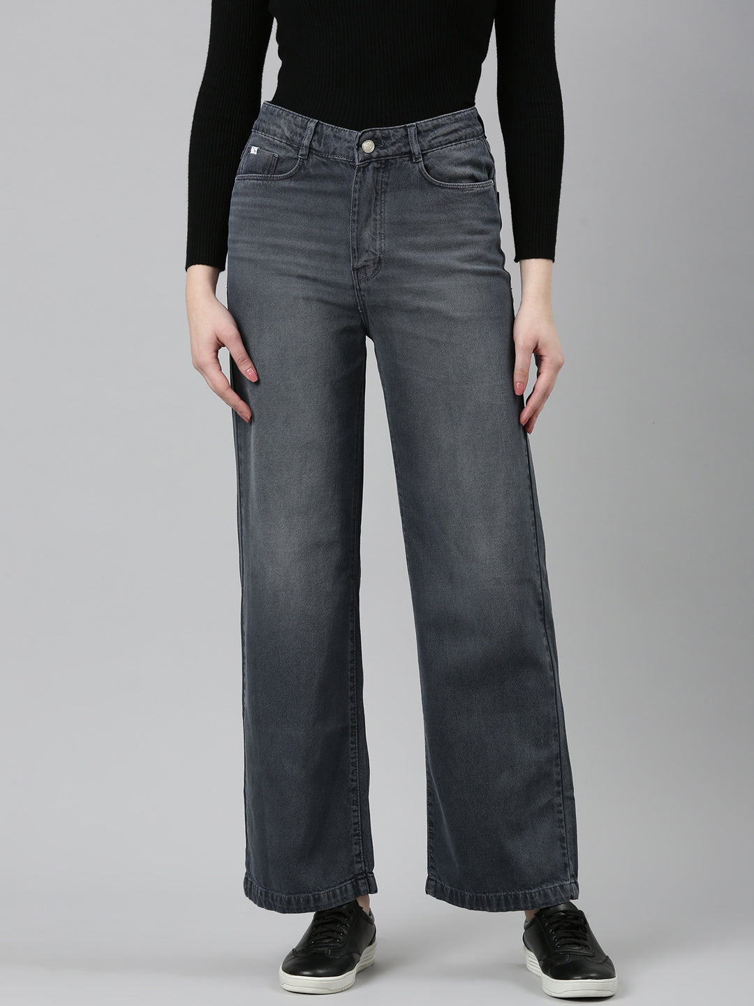 Women Grey Solid Wide Leg Denim Jeans