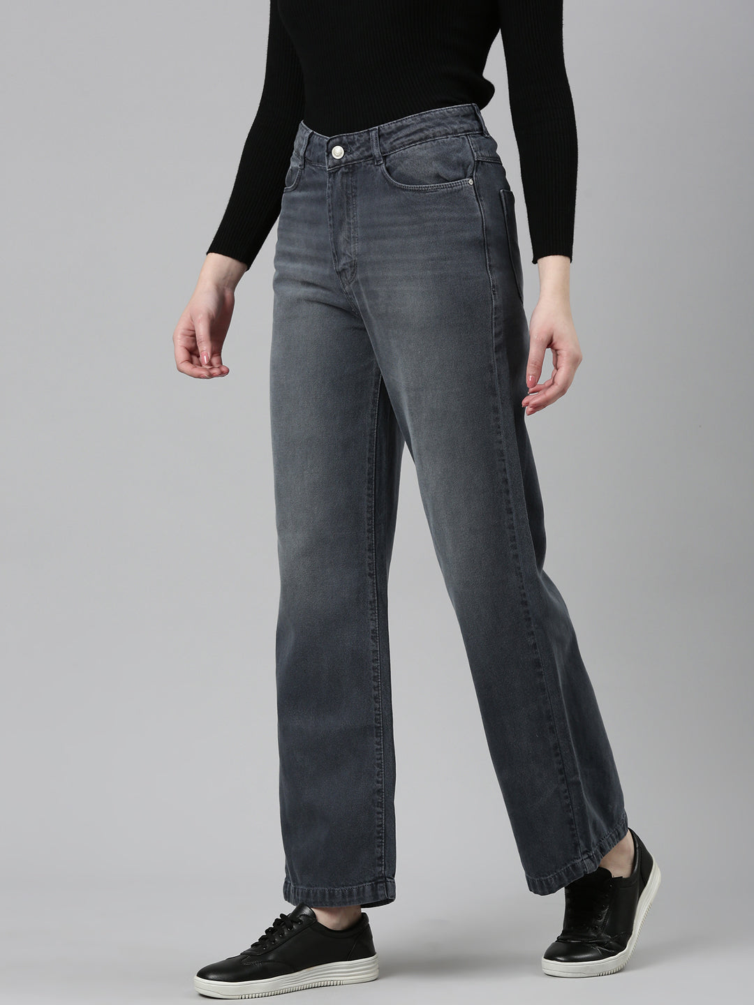 Women Grey Solid Wide Leg Denim Jeans