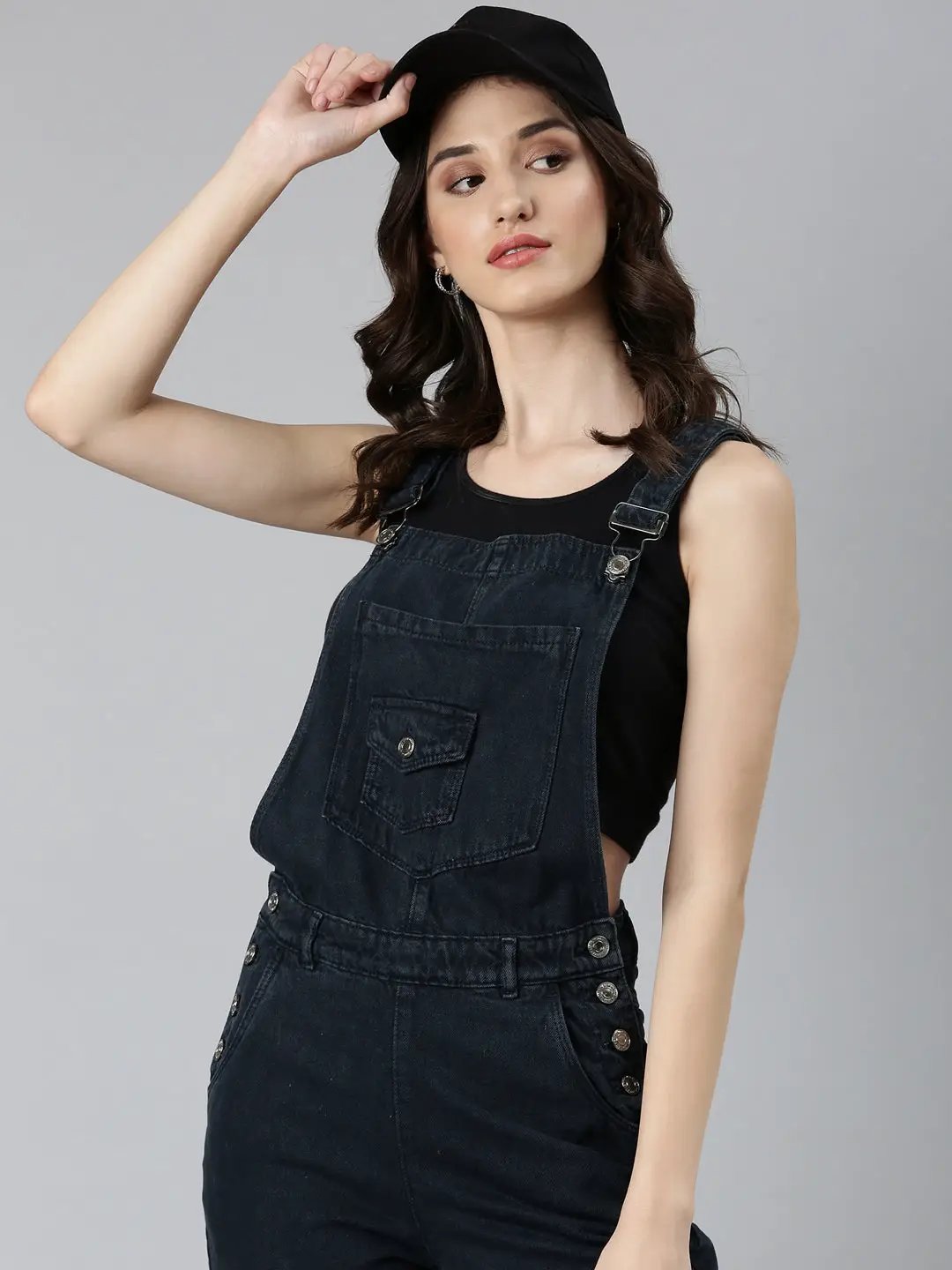 Women's Navy Blue Solid Dungaree