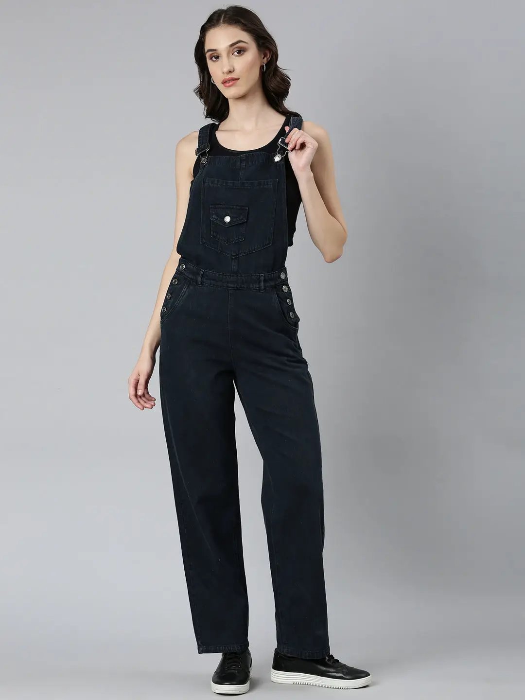 Women's Navy Blue Solid Dungaree