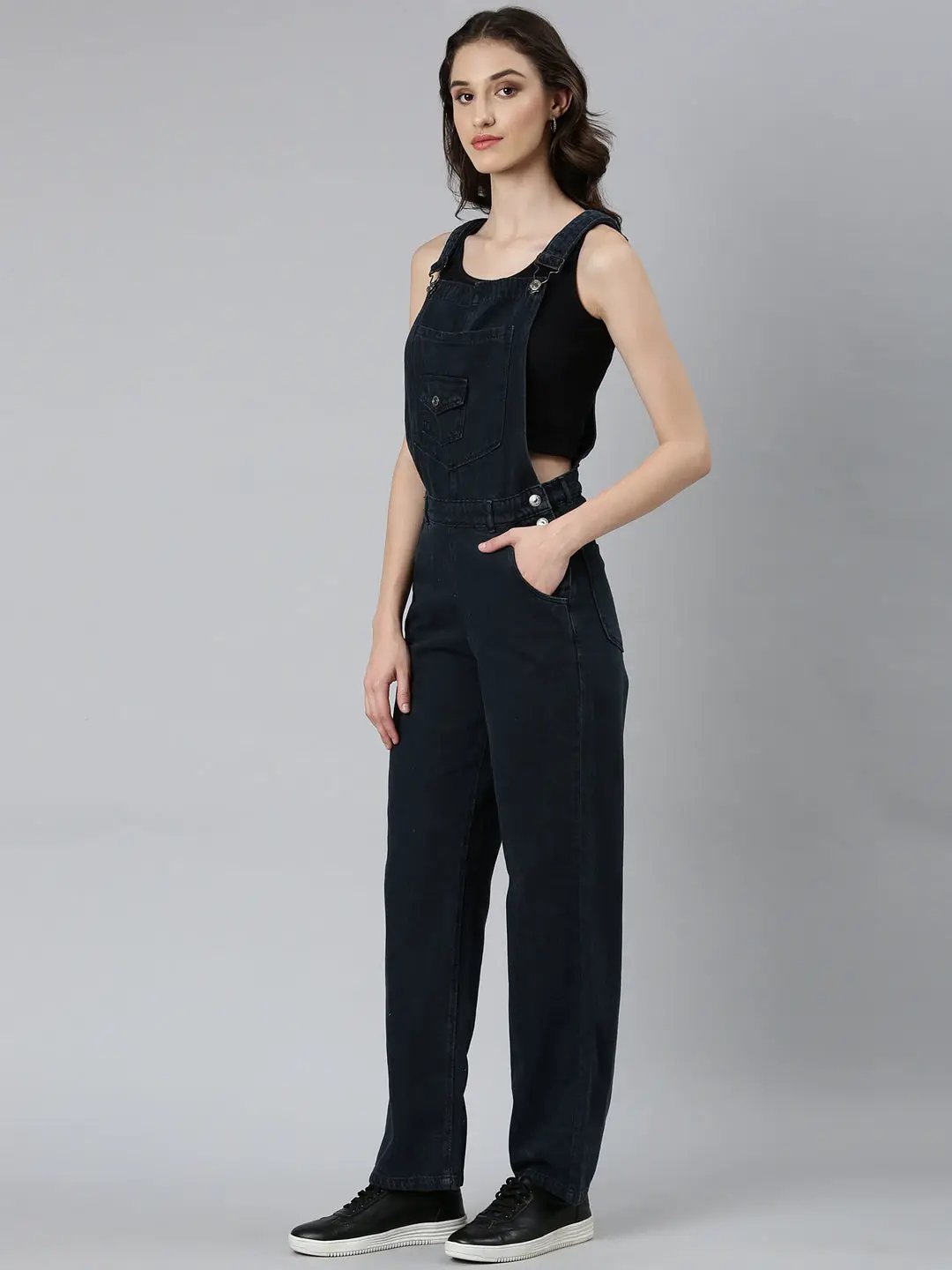 Women's Navy Blue Solid Dungaree