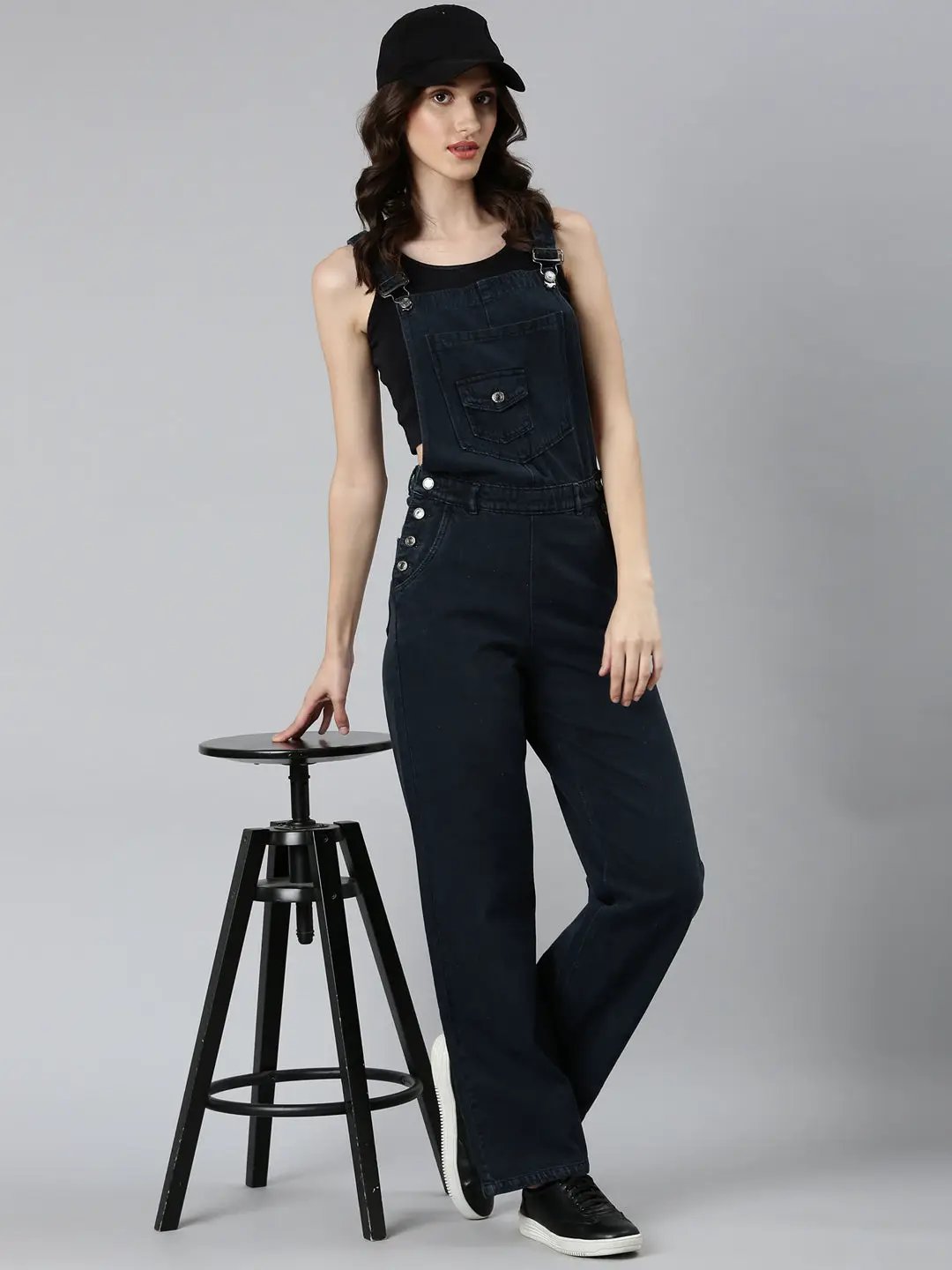 Women's Navy Blue Solid Dungaree