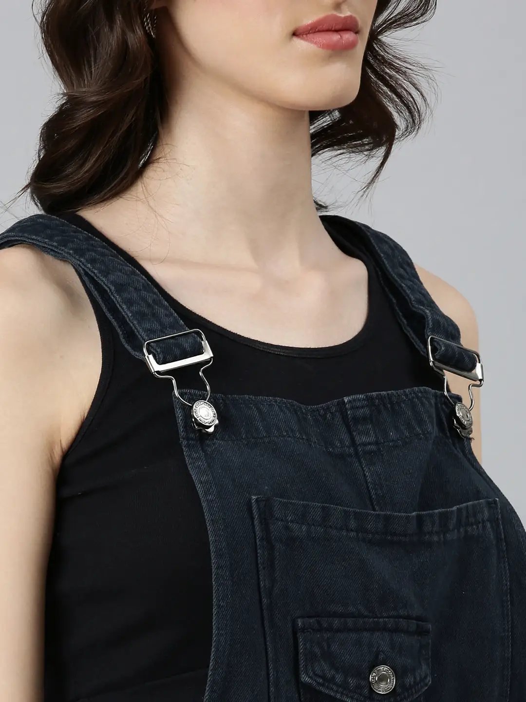 Women's Navy Blue Solid Dungaree