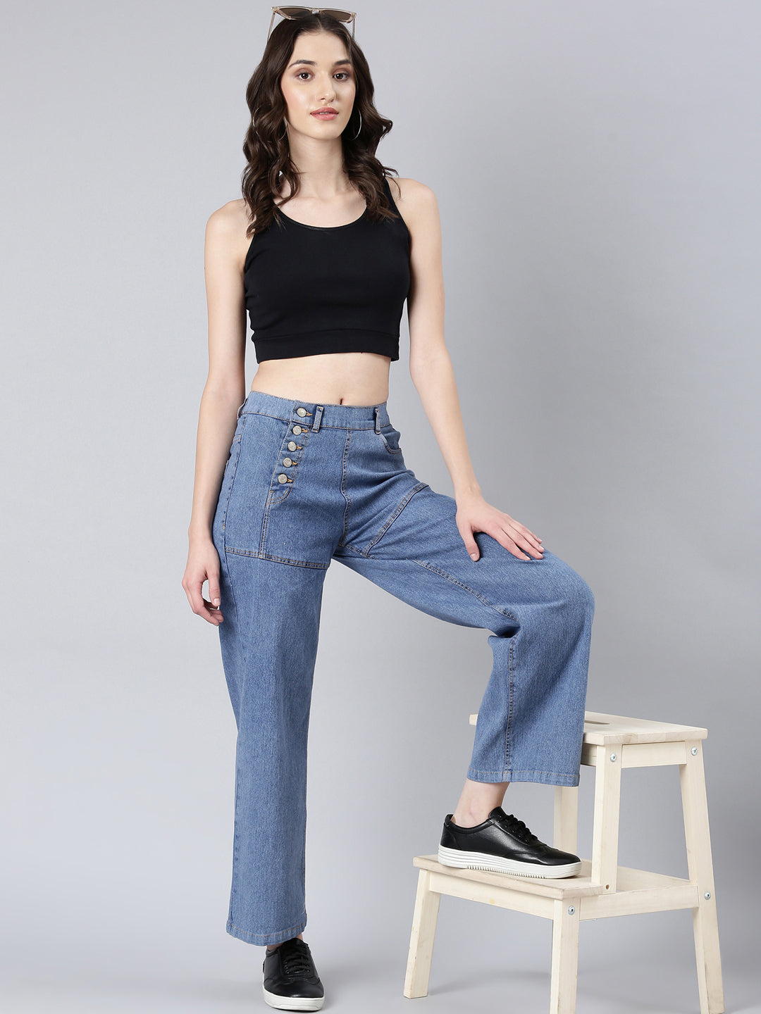Women's Blue Wide Leg Stretchable Denim Jeans