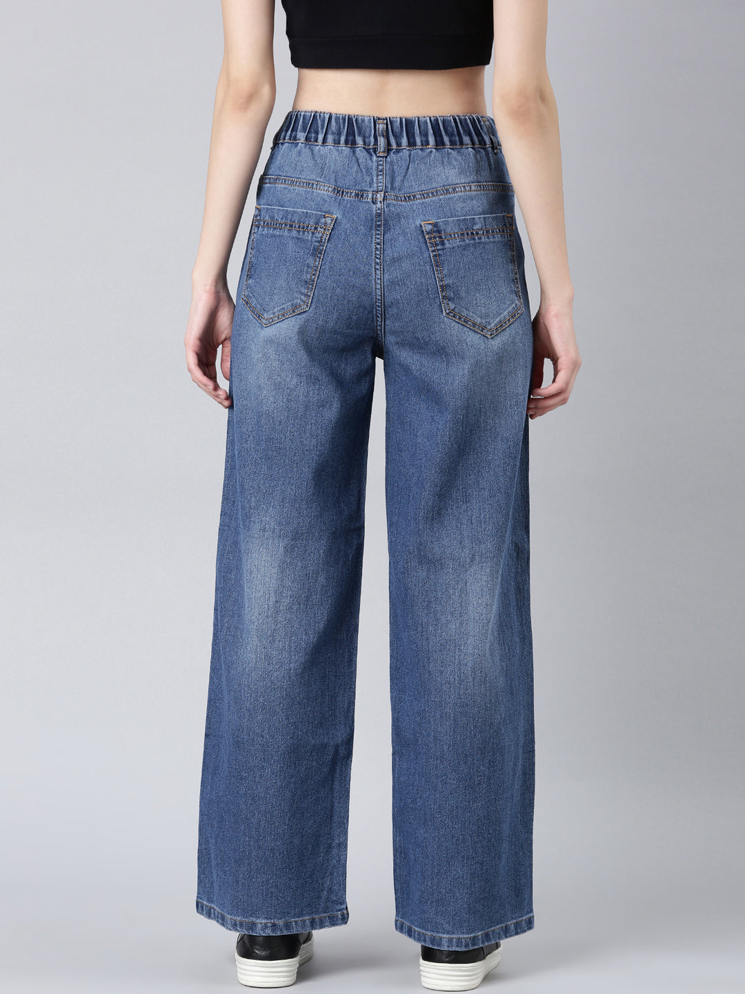 Women's Blue Wide Leg Light Fade Stretchable Denim Jeans