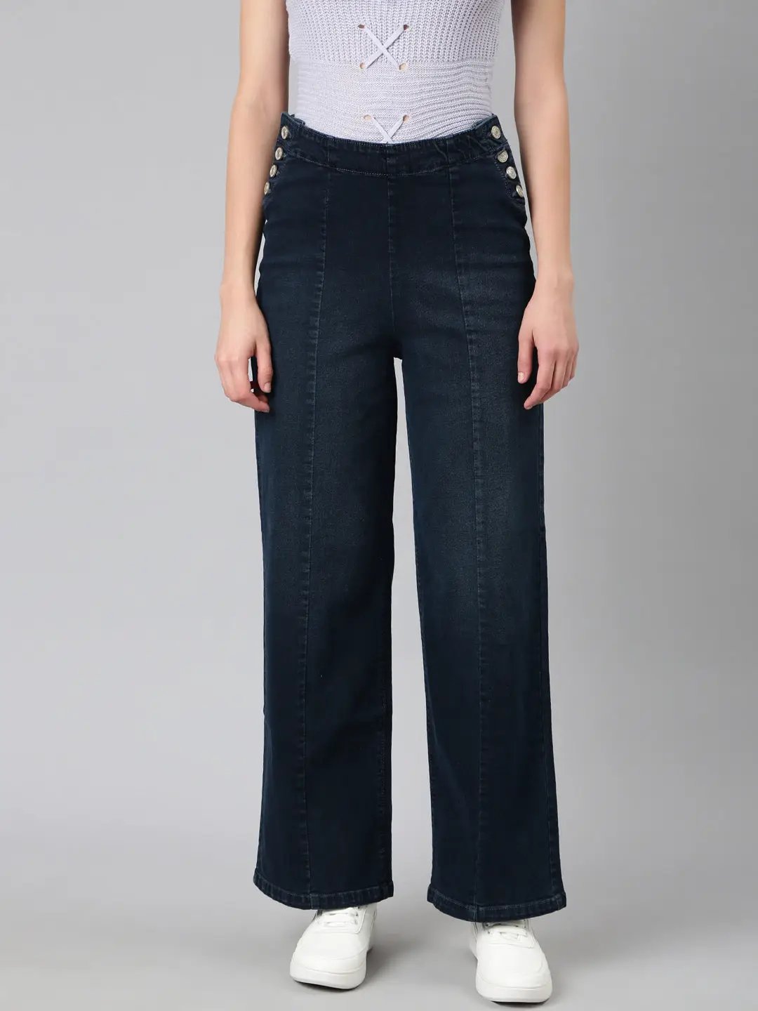 Women's Navy Blue Solid Wide Leg Denim Jeans
