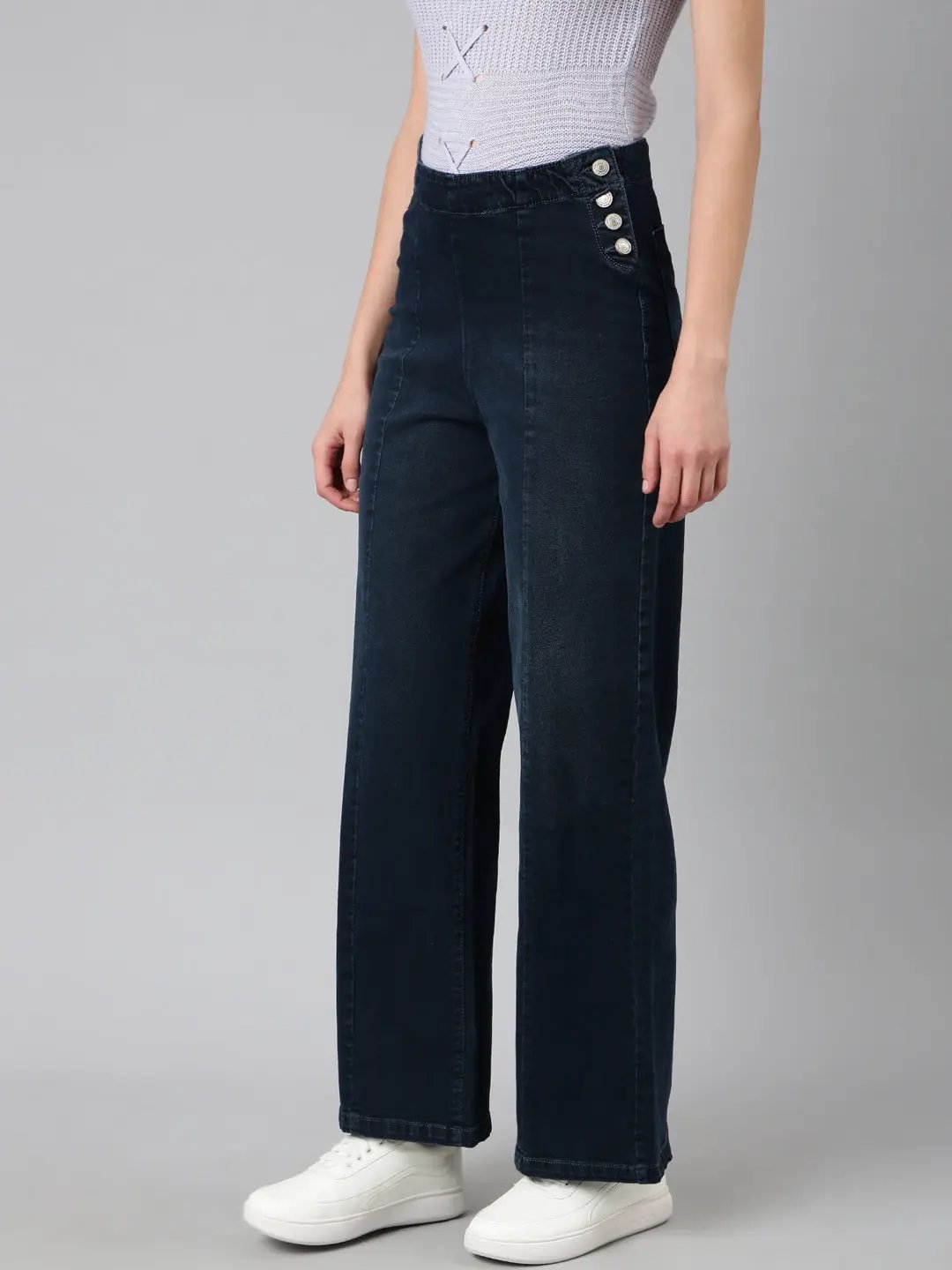 Women's Navy Blue Solid Wide Leg Denim Jeans