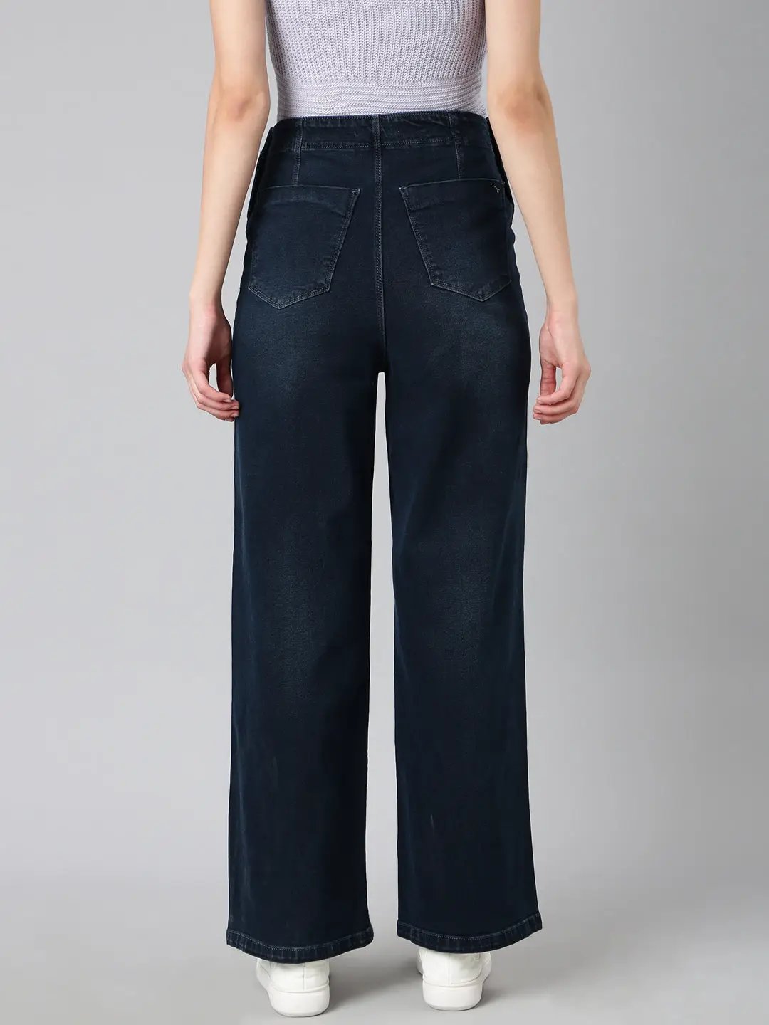 Women's Navy Blue Solid Wide Leg Denim Jeans
