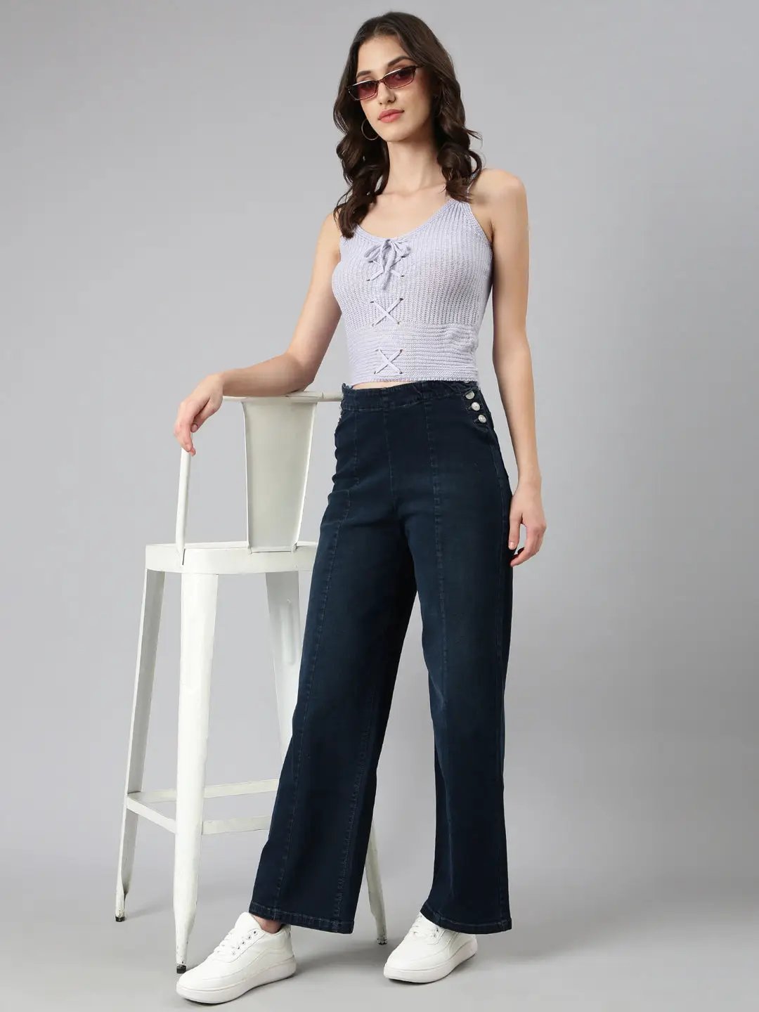 Women's Navy Blue Solid Wide Leg Denim Jeans
