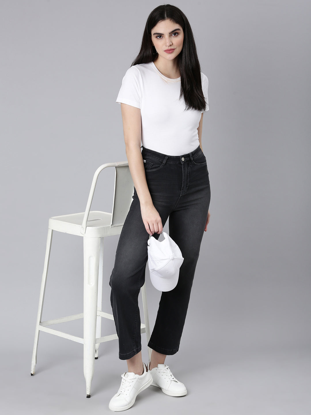 Women's Dark Grey Straight Fit Light Fade Acid Wash Denim Jeans